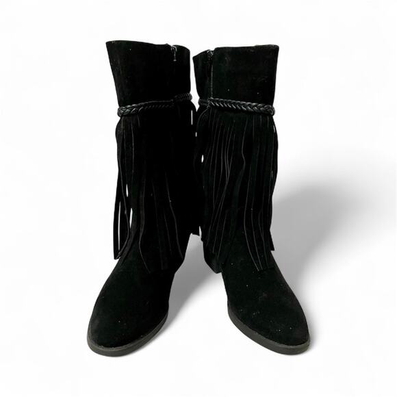 Corkys Sioux Boots Women Size 7 Black Fringe Boho Hippie Faux Suede 2” Heel - Picture 2 of 8
